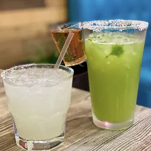 a close up of two drinks