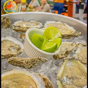 a bowl of fresh oysters with a lime wedge