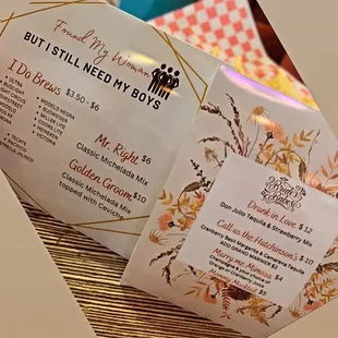 Custom menus they made me, personalized with color of my theme and they also told me I could re name the drinks.