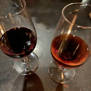 Gonzalez Gonzales Byass Cream Sherry &apos;1847&apos; Oloroso on the left and Ramos Pinto Ruby Port on the right