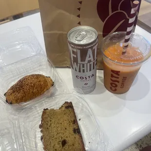 Banana chocolate chip loaf, strawberry mango smoothie, chocolate croissant &amp; flat white mocha ice coffee