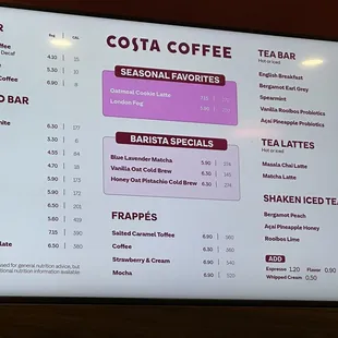 Coffee menu