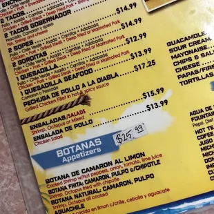 On here(yelp) it says the Aguachile is 17.99 but when I went inside the honest price is way more, Almost 30 dollars.