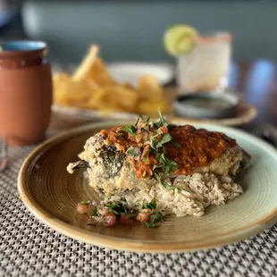 Chile Relleno- Poblano Pepper Stuffed With Mushrooms, Oaxaca Cheese, Salsa De Chipotle Entomatada, Epazote, Pico De Gallo