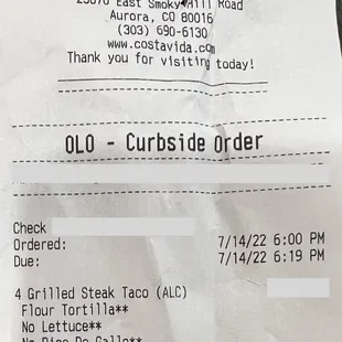 Receipt showing paid for steak, only got chicken