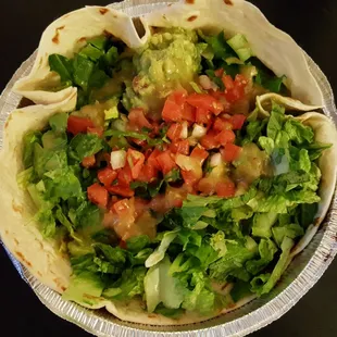 Salad with sweet pork, black beans, no rice, pico, green chile, and cilantro lime dressing. So good!
