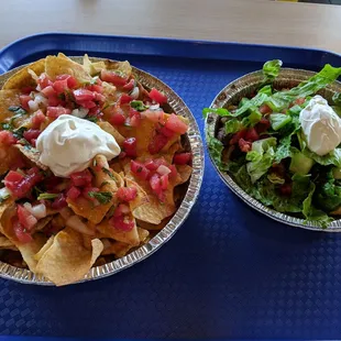 Chicken Nachos, steak bowl