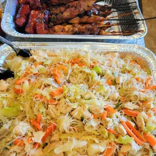 Chicken Pancit and BBQ Pork Skewers