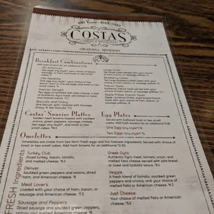 Front side of menu