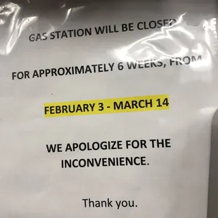 Gas Station closed until March 14 2020