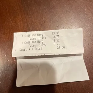 the receipt for the restaurant