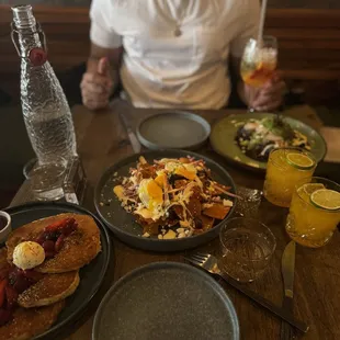 SHORT RIB CHILAQUILES and pancakes