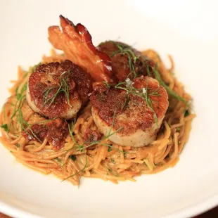 Scallops a la Plancha with Saffron Fideos and Bacon