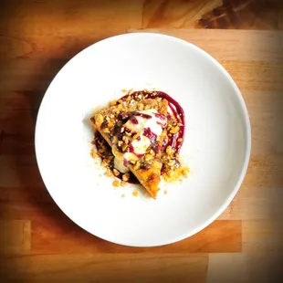 Peach Tart with Frangipane, Creme Fraiche, Hazelnut, &amp; Blueberry Swirl