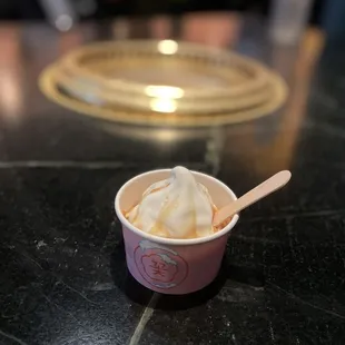 Vanilla soft serve with soy sauce caramel