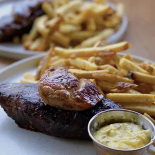 8 oz. Hanger Steak w/ french fries, bearnaise sauce | $29+$15 seared foie gras