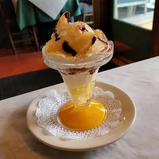 Poire Belle Helene: Poached Pear with Ice Cream and Chocolate Sauce