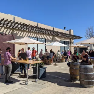 Outdoor wine tastings, with sun umbrellas for each table.