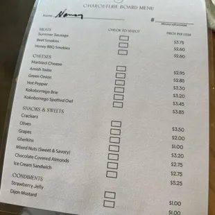 Charcuterie and cheese plate menu