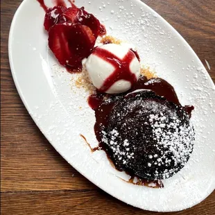 Dessert. Chocolate lava cake with vanilla ice cream &amp; strawberries. Best part of the meal!