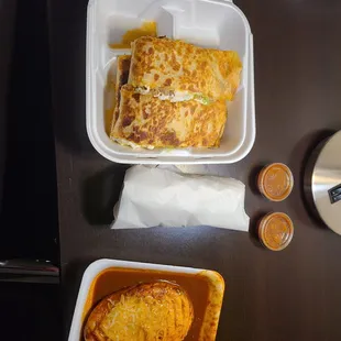 Chile relleno, shrimp burrito, and quesadilla.