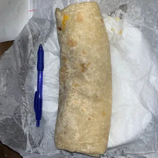 Breakfast burrito (pen for size)