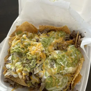 Carne Asada Nachos, beans and salsa on the side