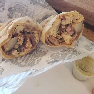 Ham, egg, potato, veggies burrito