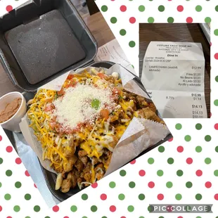 a tray of food and a receipt