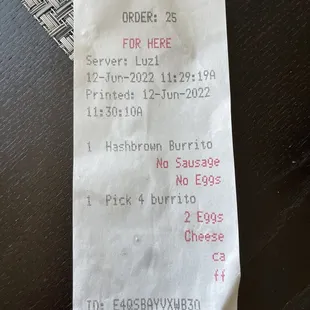 Receipt inside the bag