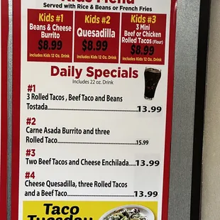 Menu Specials and Kids Menu