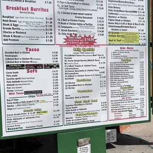 a menu on a sign