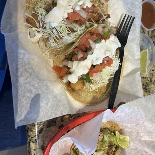 Street size fish tacos (quite large!) and street size carnitas taco