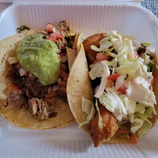 Carnitas and fish taco.