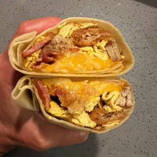 The breakfast burrito of my dreams - eggs, sausage, hash browns, bacon, cheese