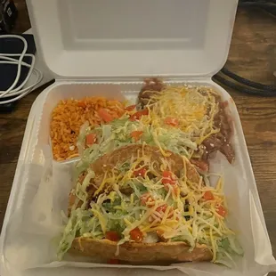 Shredded beef taco, beans &amp; rice