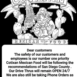 Still OPEN our regular business hours, NOT DINING IN---BUT --- our DRIVE THRU is OPEN and we are taking TAKE OUT and PHONE ORDER