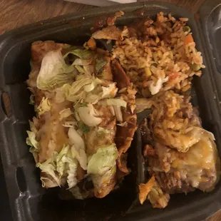 Chicken enchiladas with rice and beans