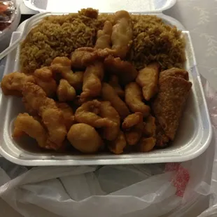 Pre sauced sweet and sour chicken with egg roll and fried rice