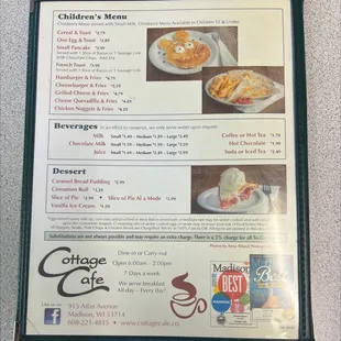 menu for cottage cafe