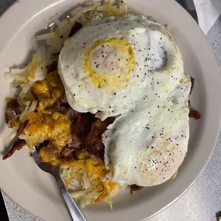 Corned beef hash and over easy eggs