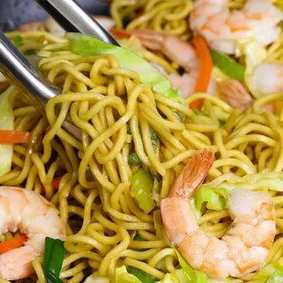 shrimp and noodles in a skillet