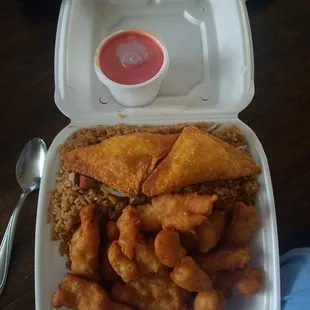 Sweet and sour with pork fried rice to go, with crab ragoon.