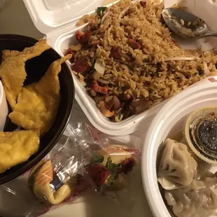 Steam dumpling, roast pork fried rice &amp; crab rangoons was DELISH