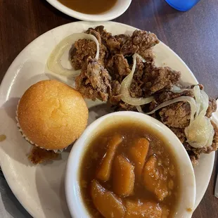 Fried chicken livers, sweet yams, corn muffin