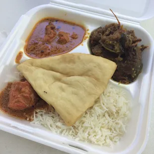 Tikka masala, eggplant, naan, basmati.  Simple and delicious!