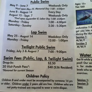 Hours &amp; Pricing for the 2015 Spring &amp; Summer Season which are currently different than what is listed on Yelps listing.