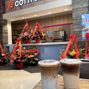 pampas blue coco latte and an oat milk latte