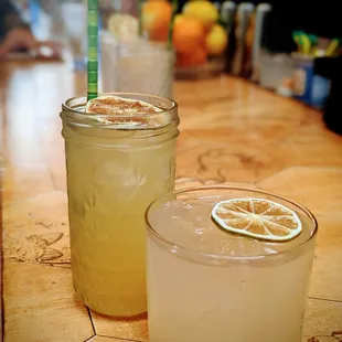 Mocktail in the back (strawberry, mango limeade), Redbeard cocktail in the front.