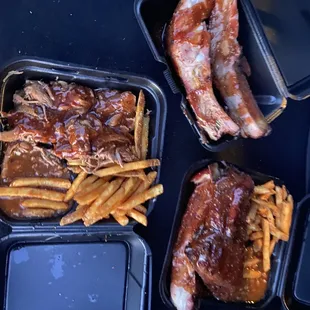 Meat only - Ribs  Pork w/ 2 sides - Fries &amp; baked beans  RIBS w/ sides - Fries &amp; bakes beans